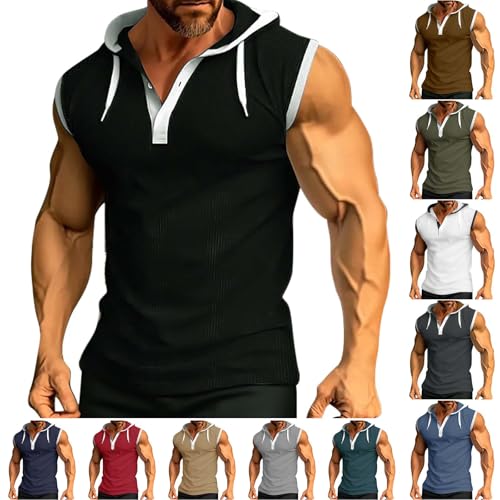 UHouse Tank Top Herren mit Kapuze Fitness Trägershirt Sport Muskelshirt mit Knopfleiste Tanktop Baumwolle Ärmelloser Hoodie Lässig Unterhemden Basic Unterhemd Große Größen Schwarz 3XL von UHouse