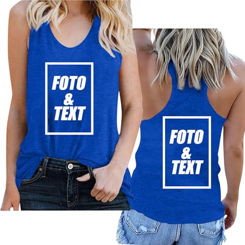 UHouse Tank Top Personalisiert Damen Personalisierte Tanktop Selbst Gestalten mit Foto Top Ärmellose Tshirt Bedrucken Lassen Basic Unterhemd Lustige Trägershirt Blau XL von UHouse