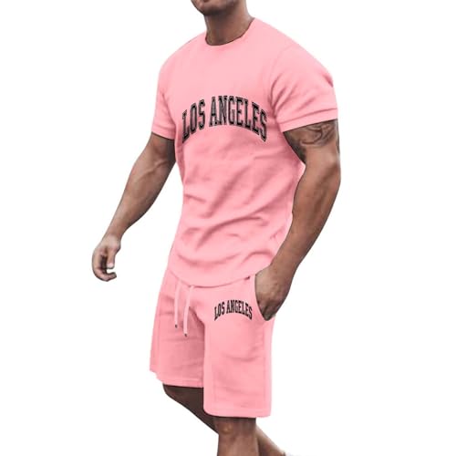 UHouse Trainingsanzug Herren Sommer Kurz T-Shirt Und Shorts Set 2 Teiliges Casual Outfit Kurze Jogginganzüge Männer Los Angeles Zweiteiler Sport Tshirt Y2k Baumwolle Sportanzug Sale Rosa XL von UHouse