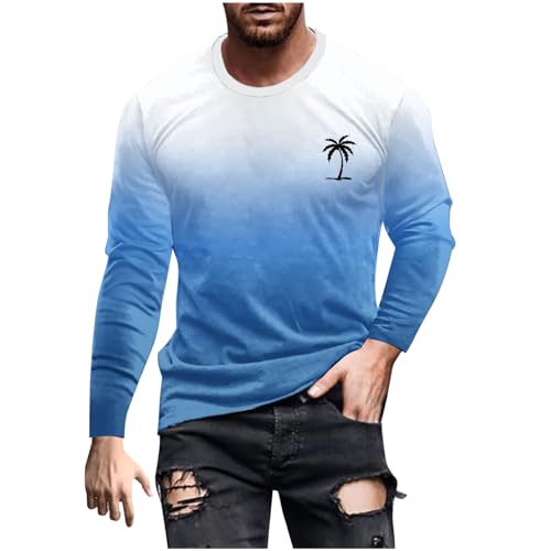 UHouse Tshirt Herren Langarm T-Shirt Basic Langarmshirt Freizeit Longsleeve Mode T Shirt Lang Arm Rundhals Shirt Oversized Pullover mit Farbverlauf Dünne Sweatshirt Blau L von UHouse