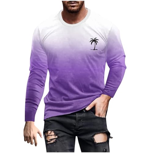 UHouse Tshirt Herren Langarm T-Shirt Basic Langarmshirt Freizeit Longsleeve Mode T Shirt Lang Arm Rundhals Shirt Oversized Pullover mit Farbverlauf Dünne Sweatshirt Lila M von UHouse