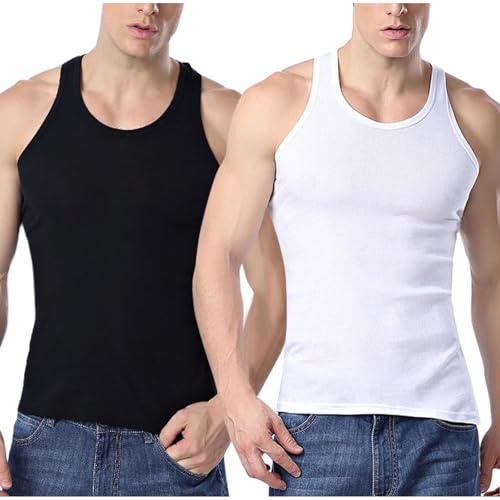 UHouse Unterhemd Herren Baumwolle Unterhemden 2er Pack Tank Top Leichte Herren-Unterhemden Feinripp Tanktop Fitness Muskelshirt Stretch Achselshirt Oversized Trägershirt Sale Angebote Schwarz Weiß L von UHouse