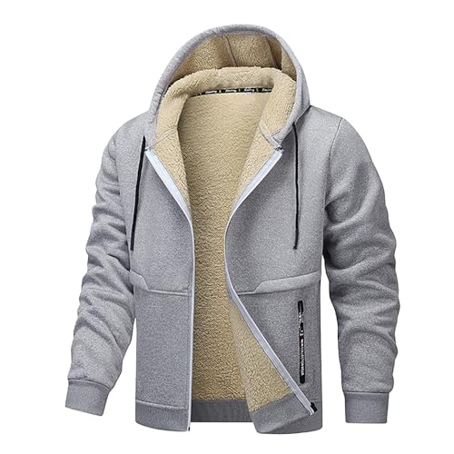 UHouse Winterjacke Herren Warm Sweatjacke Fleece Kapuzenjacke Gefüttert Winter Kapuzenpullover Jacke mit Kapuze Outdoor Zipper Hoodie Bequeme Jacken Lässig Fleecejacke Baumwolle Jacket Grau M von UHouse