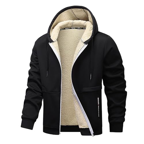 UHouse Winterjacke Herren Warm Sweatjacke Fleece Kapuzenjacke Gefüttert Winter Kapuzenpullover Jacke mit Kapuze Outdoor Zipper Hoodie Bequeme Jacken Lässig Fleecejacke Baumwolle Jacket Schwarz M von UHouse