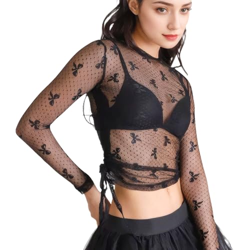 UICCVOKK Damen Netzoberteil Spitzen Sheer Mesh Bluse Transparentes Damen Sheer Mesh Langarm Schleifen Mesh Oberteil, Damen Sheer Mesh Langarmshirt Schleifen Festival Club Party Netz Oberteil von UICCVOKK