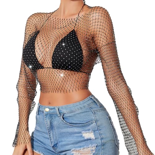 UICCVOKK Glitzer Top Glitzer Netz Oberteil Mesh Glitzer Oberteile Damen Transparentes Oberteil Damen Glitzer Strass Mesh Langarm Oberteil Top Glitzer, Festival Oberteil Damen Glitter Top von UICCVOKK