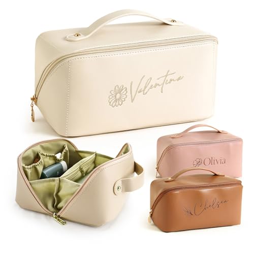 UIDMEN Kosmetiktasche mit personalisierbarem Fassungsvermögen, Blumenmuster, bestickte Make-up-Tasche mit Namen, wasserdichtes PU-Leder, Reise-Make-up-Organizer mit Trennwand und Griff, Blumenmuster, von UIDMEN