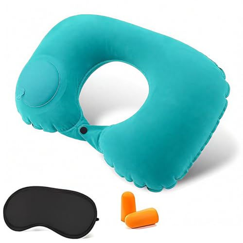 Nackenkissen Aufblasbar, 1 Reisekissen, Kompaktes Nackenkissen Aufblasbar mit Schlafmaske und Ohrstöpseln, Nackenhörnchen Erwachsene, für Flugzeug Zug Auto Büro von UIEXAY