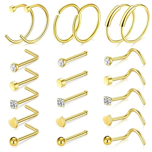 UIEXAY 21 Stück 20G Nasenpiercing, 316L Edelstahl Nasenring Nasenstecker/Gold Screw/Straight/L-Form Nasenpiercing Mit Zirkonia Nostril Piercing Schmuck Für Frauen Männer von UIEXAY