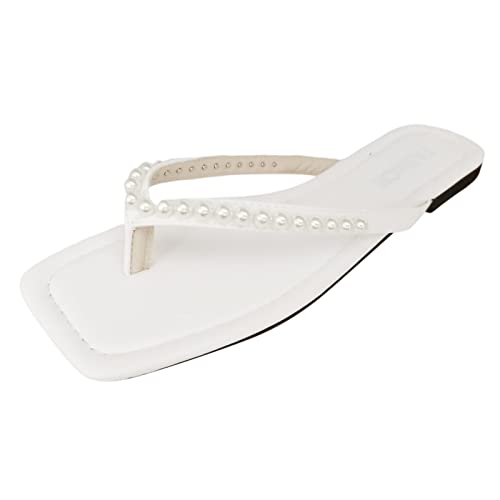 Damen Sandalen Damen Sommer Mode Einfarbig Einfache Casual Perle Clip Toe Flache Unterseite Strand Große Größe Sandalen Hausschuhe, weiß, 39 EU von UIFLQXX