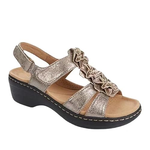 UIFLQXX Keilsandalen für Damen, Bohemia, Knöchelriemen, offene Zehen, Blume, Sommer, Plateauschuhe, Sandalen für Kleid, Damen, lässig, römische Keilabsätze, Blumen, gold, 39 EU von UIFLQXX