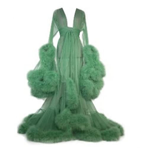 UIHECTA Robe De Chambre Kimono En Tulle Pour Femme Plume Robe Garniture Fourrure Robe Chemise Nuit Peignoir, Peignoir Vêtements Nuit Plume Robe Mariée Mariage,Vert,one size von UIHECTA