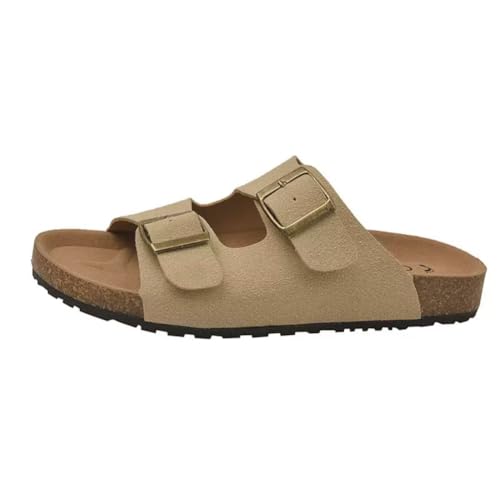 UIKGITP Damen Wildleder Schnalle Slides Sandalen Kork Fußbett Sommer Wildleder Walking Schnalle Flache Clogs Komfort Slip On Hausschuhe, Beige, 38.5 EU von UIKGITP