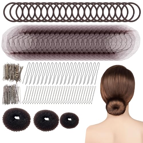 UILYNIU 183 Stück Hair Bun Maker ​Set, 3 Stück Donut-Haarknoten, 60 Stück Haarnetze Unsichtbare with 100 Stück Haarspange Haarnadel, 20 Stück Elastischen Haarband für Kinder Mädchen (Braun) von UILYNIU
