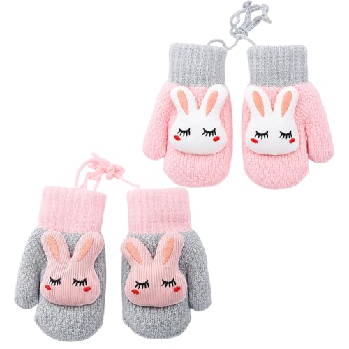 UILYNIU 2 Paar Baby Handschuhe, Cartoon Fausthandschuhe, Fäustlinge Baby, Mädchen Kinder Handschuhe Fäustlinge Kinder Winter Handschuhe, Strickhandschuh mit Plüschfutter für 1–3 Jahre (2 Paar) von UILYNIU