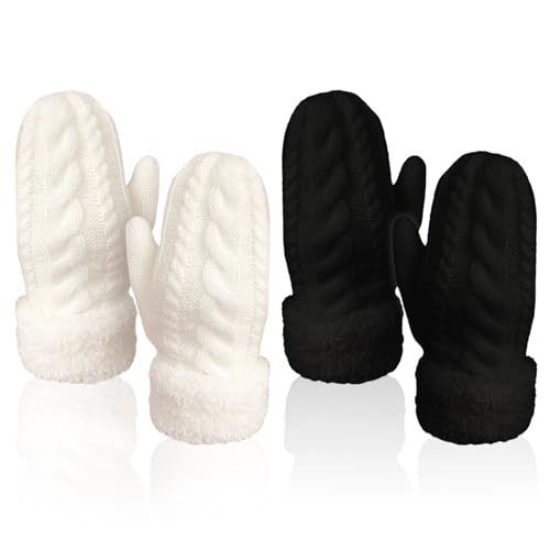 UILYNIU 2 Paar Frauen Winter Gestrickte Fausthandschuhe Plüschfutter, Warme Winterhandschuhe Winddicht Fingerlose Handschuhe für Damen Mädchen, Strickhandschuhe für Radfahren Skifahren (2 Farben) von UILYNIU