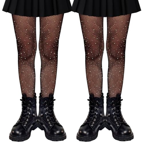 UILYNIU 2 Paar Schwarz Glitzer Netzstrumpfhosen Fischernetz für Mädchen Kinder, Strumpfhosen mit Strasssteinen, Kinderstrumpfhosen Tanzstrumpfhosen für 8-13 Jahre Gymnastik Tanz Cosplay Partys von UILYNIU