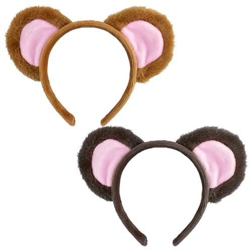 UILYNIU 2 Stück Tier Stirnbänder für Kinder Erwachsener, Affenohr Tierohr Haarreifen Damen Mädchen, Tier Haarbänder Bärenohren Stirnbänder Mäuschen Haarreif für Halloween Kostüm Party (2PCS, M) von UILYNIU