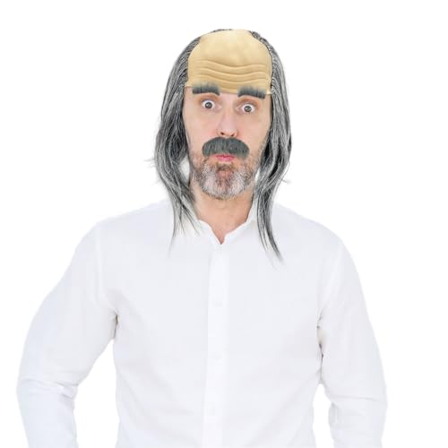 UILYNIU 3 Stück Grau Opa Perücke Set Opa Kostüm Perücke Alter Mann Perücke Verrückter Professor Perücke Schnurrbart Graue Perücke Glatze Herren Perücke für Halloween Karneval Party Cosplay(Grau) von UILYNIU