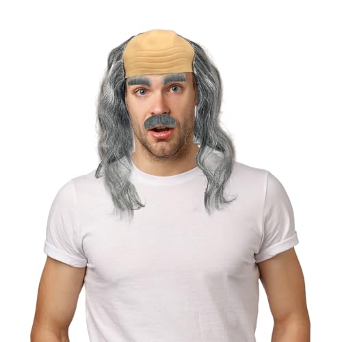 UILYNIU 3-teiliges Halbglatze Perücken Set mit Schnurrbart und Augenbrauen für Herren Kostüm Zubehör für Party, Karneval, Halloween, Cosplay (3 Stück, 50-60 cm, Grau) von UILYNIU