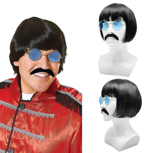 UILYNIU 3 Stück Herren Perücke natürliche schwarze Synthetisches Haar Perücken Hippie Kostüm Set Perücke Sonnenbrille Schnurrbart Cosplay Tägliche Party Verwendun Halloween Gebrauch(Schwarz) von UILYNIU