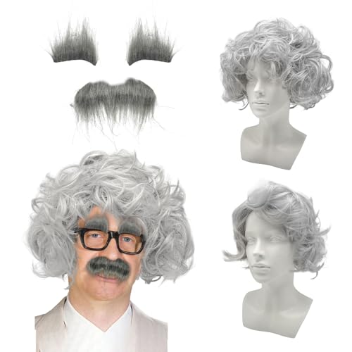 UILYNIU 3 Stück Perücke Grau mit Bart Set Verrückte Wissenschaftler Kostüm Professor Perücke Herren Perücke Old Man Perücke Opa Perücke Grau Schnauzbart für Cosplay Mottoparty Halloween Weihnachten von UILYNIU