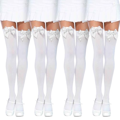 UILYNIU 4 Paar Overknees Strümpfe Damen mit Schleife Thigh High Socks Weiß with Bow Overknee Socken mit Schleife für Dessous Weihnachten Halloween Valentinstag Kleid von UILYNIU