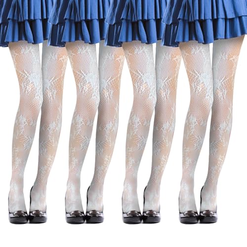 UILYNIU 4 Paar Strumpfhose, Strapsstrümpfe, Transparente Fein-Strumpfhose, Netzstrumpfhose, Lolita Strapsstrümpfe, Weich Tights, Floral Strapsstrümpfe, Netzstrümpfe für Damen, Einheitsgröße (Weiß) von UILYNIU