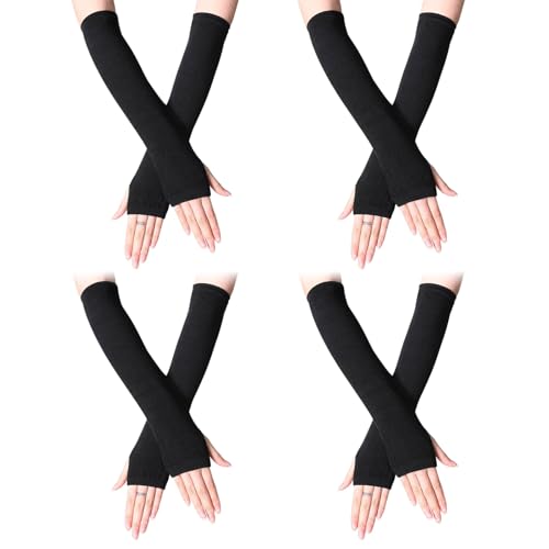 UILYNIU 4 Paare Damen Lange Fingerlose Handschuhe, Lange Armstulpen, Gestrickte Fingerlose Handschuhe mit Fingerlöchern, Stricken Armwärmer für Frauen, Handstulpen Damen von UILYNIU