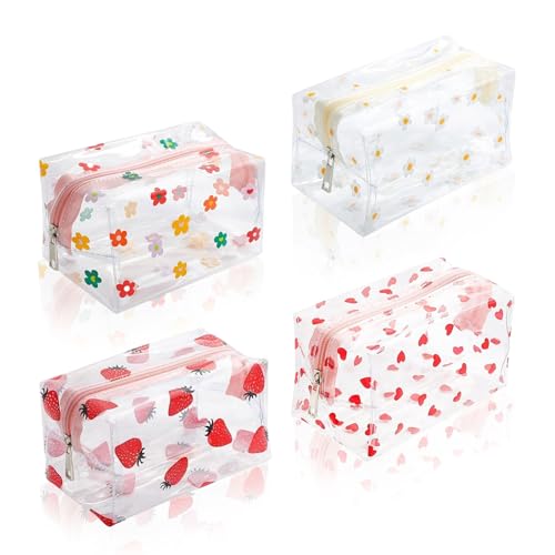 UILYNIU 4 Stück Transparentes Federmäppchen für Mädchen, Kosmetiktasche mit Reißverschluss, Kulturtasche Transparent mit Schmuckbeutel für Damen, Kosmetiktasche Durchsichtig für Schreibwaren Travel von UILYNIU