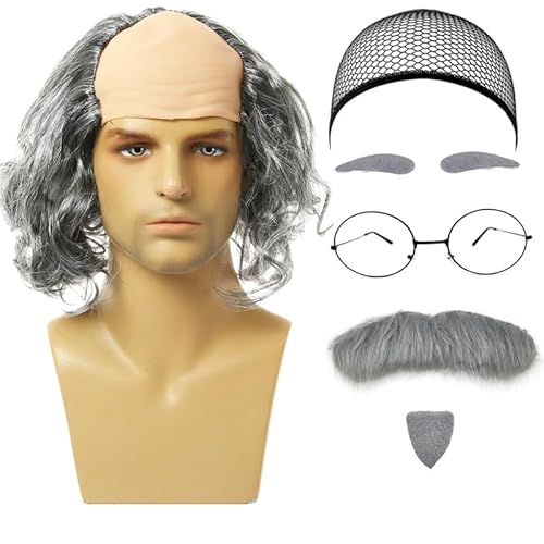 UILYNIU 7 Stück Glatzen Perücken Set Herren Kostüm Herren Perücke Opa Perücke Männerperücke mit Glatze Bart Augenbrauen Perückenkappe Brille Opa Zubehör für Party Cosplay Halloween (Grau-Lockig) von UILYNIU