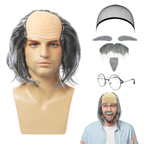UILYNIU 7 Stück Opa Halbglatze Perücken Set Glatze Perücke Opa Perücke Schnurrbart Bart Augenbrauen Brille Perücken Kappe Opa Kostüm Herren Perücke Alter Mann Perücke Herren Kostüm Zubehör (7 Stück) von UILYNIU