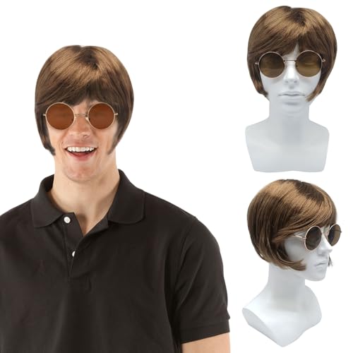 UILYNIU 70er Jahre Funky Hippie Perücke mit Sonnenbrille Retro Disco Punk Rocker Perücken Schwarm Perücke für Fasching Karneval Halloween Themenparty Mottoparty Kostüm Zubehör (Braun) von UILYNIU