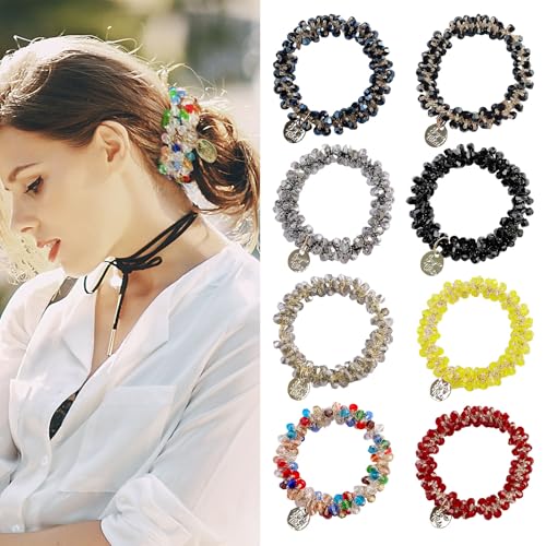 UILYNIU 8 Stück Scrunchies Kristall Haargummis Damen Elastische Pferdeschwanz Halter Stirnbänder, Scrunchies Strass, Pferdeschwanz Haarschmuck Haargummi, Haarschmuck für Mädchen Dame Kinder (8PCS) von UILYNIU