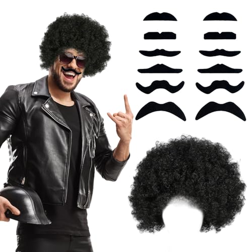 UILYNIU Afro Perücke Mit Schnauzbart, Hippie Perücke Herren, Punk Perücke Herren Schwarz Perücke Locken, 70er 80er Jahre Partyperücke Disco für Festivals Thema Party Halloween Kostüm Cosplay (Schwarz) von UILYNIU