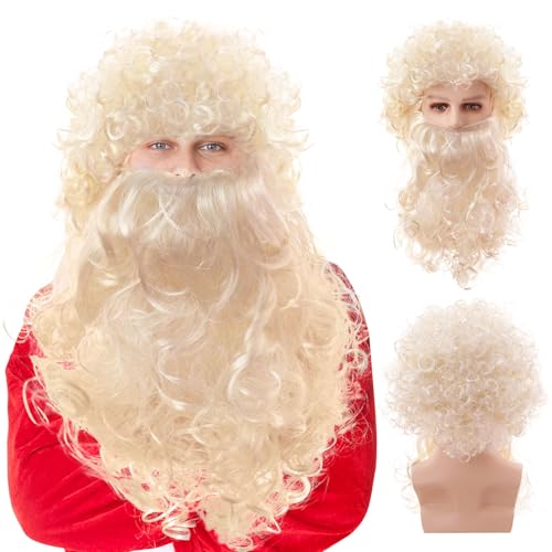 UILYNIU Blond Zauberer Perücke und Lang Bart Halloween Kostüm Perücken für Herren Damen, Lang Blond Locken Perücke Magier Hexer Perücke für Männer Halloween Fasching Karneval Hippie Perücke (Blonde) von UILYNIU