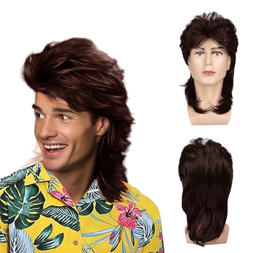 UILYNIU Braun Perücke Lange Lockig Mullet Perücke Herren 80er Jahre Vokuhila Rocker Punk Popstar 70er 80er 90er Cosplay Retro Disco Kostüm Halloween Karneval Männer (Braun) von UILYNIU