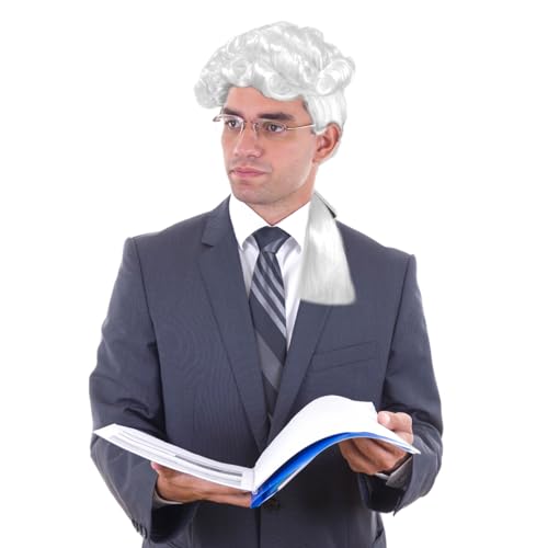 UILYNIU Edelmann Lord Richter Barock Perücke Herren Perücke mit Zopf Richter Kostüm Perücken Rokoko Lockig Marquis Halloween Cosplay Perücken lockig langer Zopf Weiß Edelmann Marquis perücke(Weiß) von UILYNIU