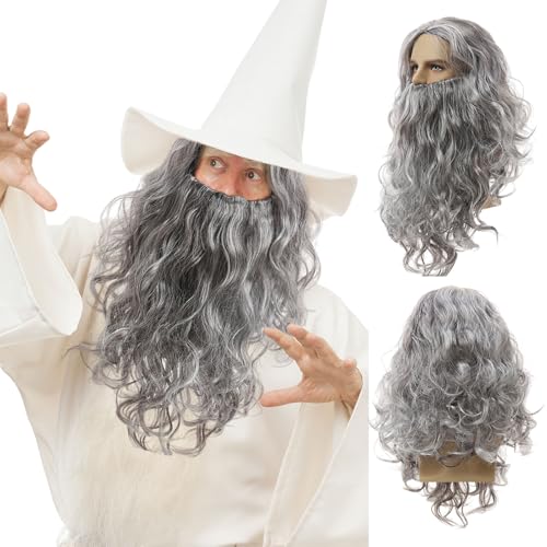 UILYNIU Grau Zauberer Perücke und Lang Bart Halloween Kostüm für Herren Damen, Locken Magier Hexer Perücke für Männer Fasching Karneval Hippie (Grau) von UILYNIU