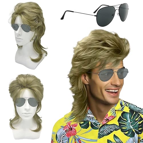 UILYNIU Herren 80er Jahre Vokuhila Perücke Lange Lockig Mullet Perücke Herren Rocker Punk Popstar Perücke 70er 80er 90er Cosplay Retro Disco Kostüm Halloween Karneval Blonde Männer Perücke (Blonde) von UILYNIU