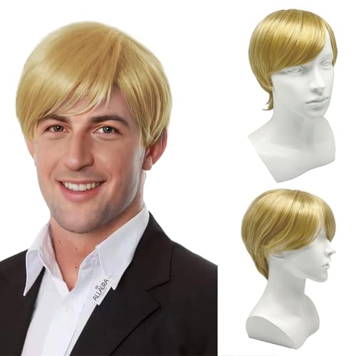 UILYNIU Perücke Blond Herren, Layered Perücken Kurze Herrenperücke mit Pony Natürliche Vollperücke, Boyband Perücke Kostüm 70er 80er Kurze Perücken Täglich Halloween Cosplay Fasching Perücke (Blond) von UILYNIU
