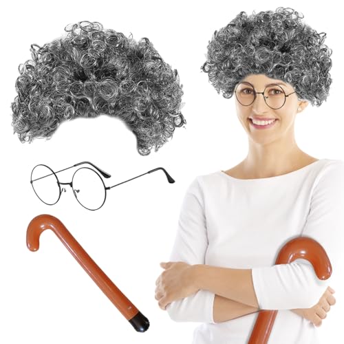 UILYNIU Perücke Grau Locken mit Brille Gehstock, Party-Perücke Oma Perücke Damen Mädchen, Großmutter Verkleidung für Cosplay Kostümzubehör Fasching Karneval Halloween Mottoparty (Grau) von UILYNIU