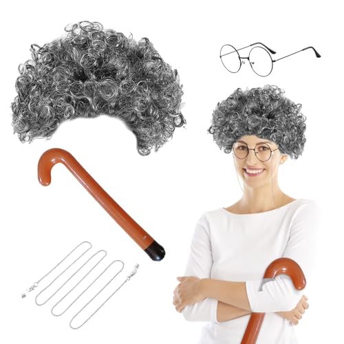UILYNIU Perücke Grau Locken mit Brille Gehstock, Party-Perücke Oma Perücke Damen Mädchen, Großmutter Verkleidung für Cosplay Kostümzubehör Fasching Karneval Halloween Mottoparty (Grau) von UILYNIU