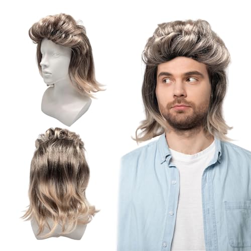 UILYNIU Perücke Männer Perücke Braun Lockig Herren 80er Jahre Vokuhila Perücke Rocker Disco Punk Popstar Perücke Perücken Party Cosplay Halloween Kostüm Party 80er jahre accessoires (Schwarz Braun) von UILYNIU