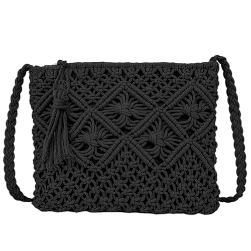 UILYNIU Schwarz Umhängetasche Damen Handarbeit Klein Strandtasche Kleine Schwarz Clutch Strohtasche Damen Schwarz Handtaschen Gewebte Tasche Häkeltasche Sommertaschen Damen Kleine Tasche (Schwarz) von UILYNIU