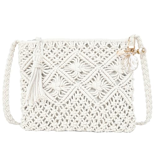 UILYNIU Weiße Umhängetasche Damen Muschel Schlüsselanhänger Handarbeit Klein Strandtasche Kleine Weiße Clutch Strohtasche Damen Weiße Handtaschen Gewebte Tasche Häkeltasche Sommertaschen Damen (Weiß) von UILYNIU