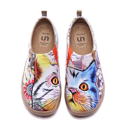 UIN Cheer Up Damen Slip On Schuhe Süße Katze Lässige Wanderschuhe Leicht Loafer Schuhe Bemalter Reiseschuh Canvas Blau（37） von UIN