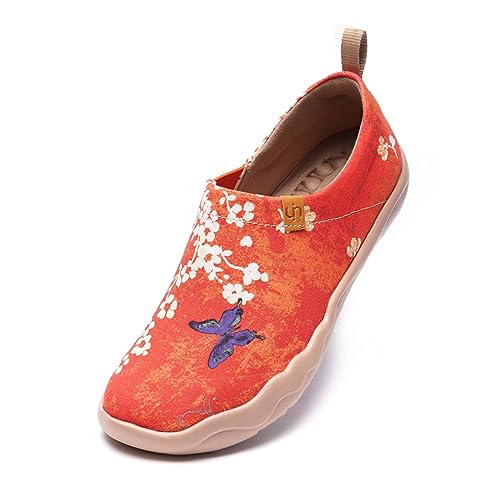 UIN Damen Sakura Gemalte Segeltuchschuhe Schmetterling Loafer Schuhe Slip-On Schuhe Mode Rot Reiseschuhe(38) von UIN