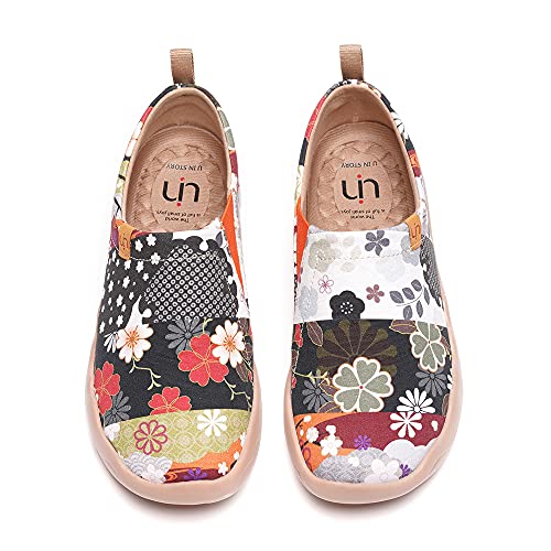 UIN Damen Schwarz Slip On Schuhe Blume Canvas Wanderschuhe Sneaker Leicht Loafer Shoes Reise Schuhe Segelschuhe Hana(38) von UIN