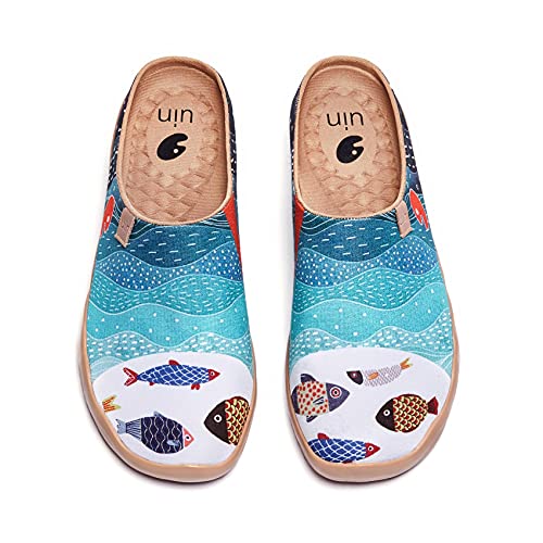 UIN Happy Fish Slipper Herren Hausschuhe Painted Slip On Schuhe Lässiger Fashional Sneaker Reiseschuhe Segelschuhe Canvas Weiß(40.5) von UIN